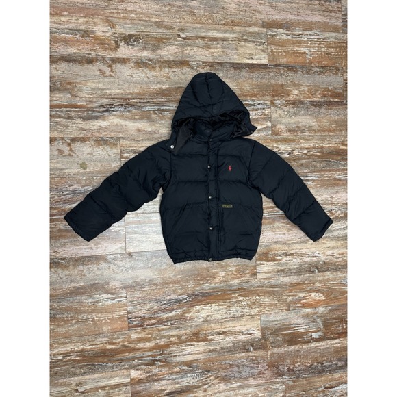 Polo Ralph Lauren Boys Youth Puffer Jacket Coat Black Hooded Size Small 8 Down - Picture 1 of 12